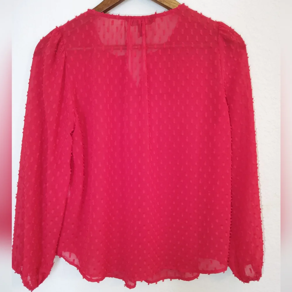 Banana Republic Pleated Clip Dot Blouse‎ Womens XXS Petite Red Sheer Puff Sleeve